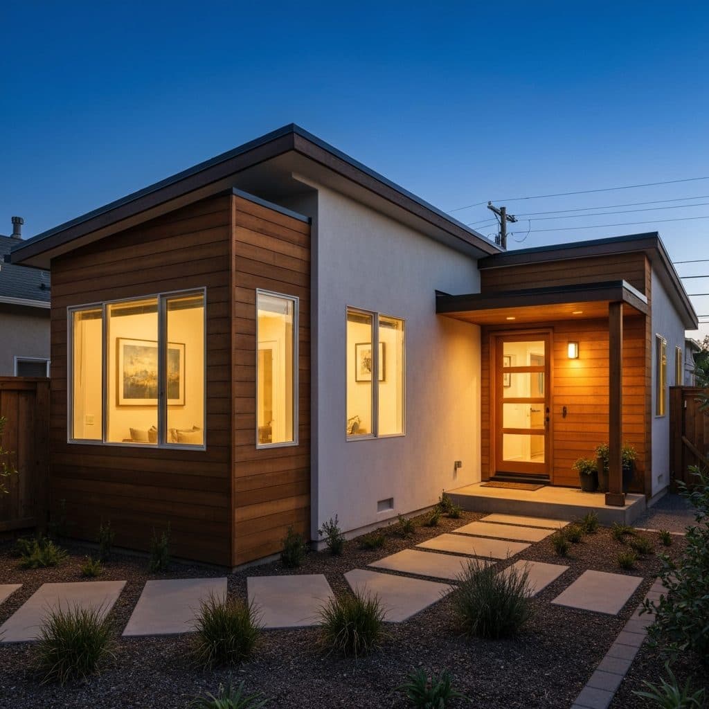 A modern detached ADU backyard cottage glowing at dusk