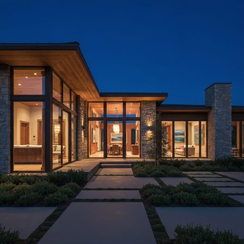 A modern California home glowing warm at dusk